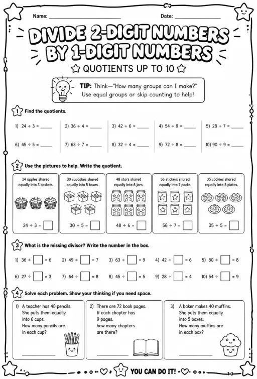 Divide 2-digit numbers by 1-digit numbers: quotients up to 10
