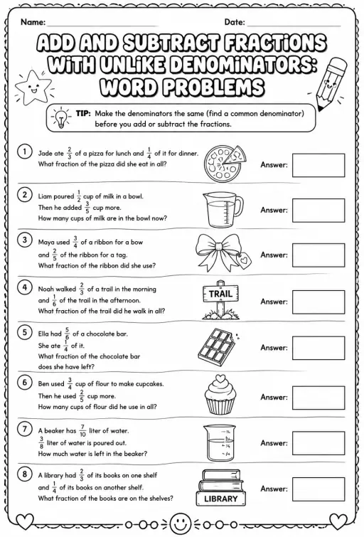 Add and subtract fractions with unlike denominators: word problems