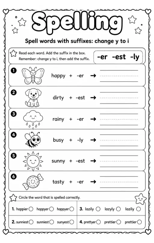 Spell words with suffixes: change y to i