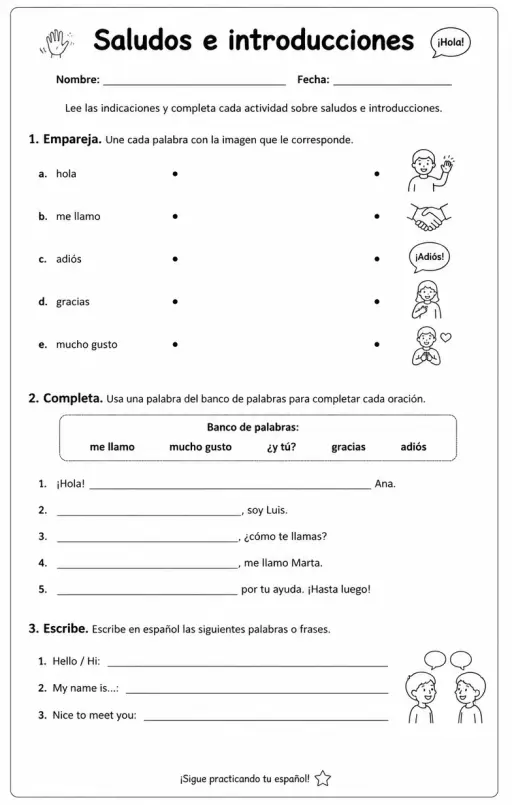 Reconocer palabras, frases o oraciones en español relacionadas con presentaciones.