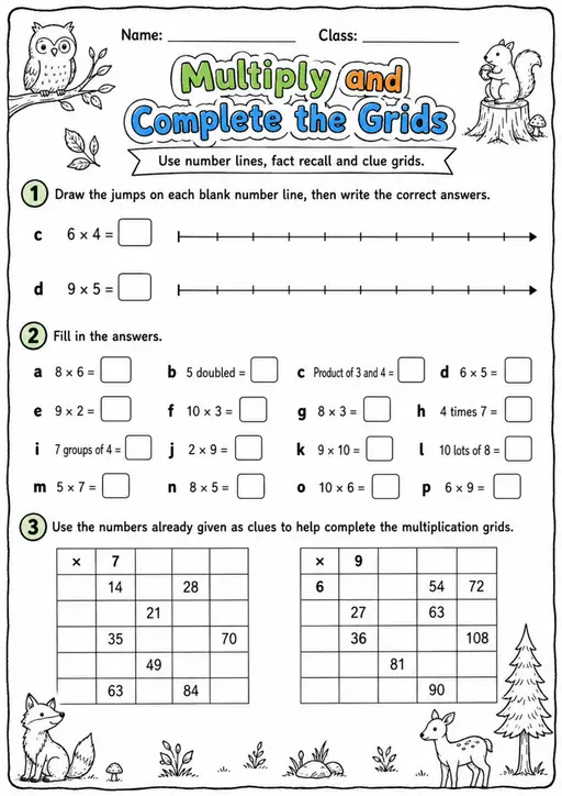 Multiply and Complete the Grids - Grade 3 Math Worksheet