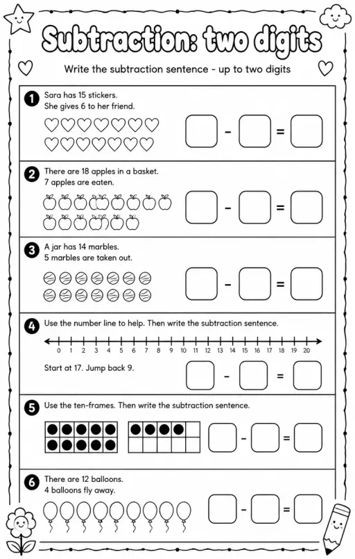 Write the subtraction sentence - up to two digits