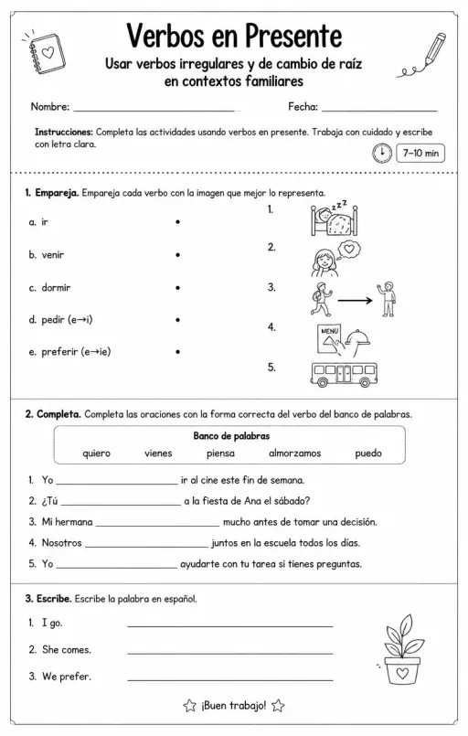 Usar verbos irregulares y de cambio de raíz en contextos familiares.