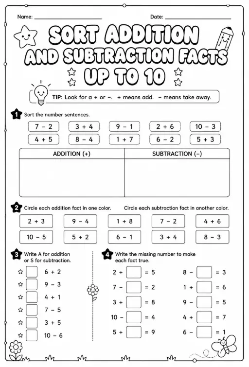 Sort addition and subtraction facts - up to 10