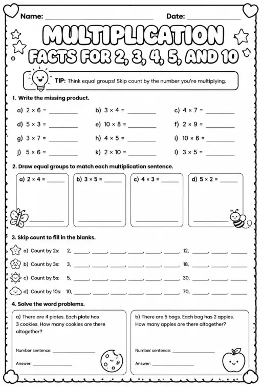 Multiplication facts for 2, 3, 4, 5, and 10