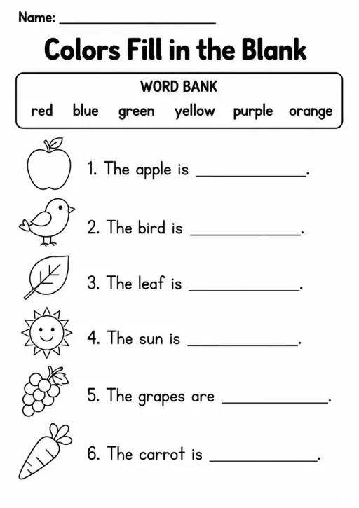 Colors Fill in the Blank — Grade 1