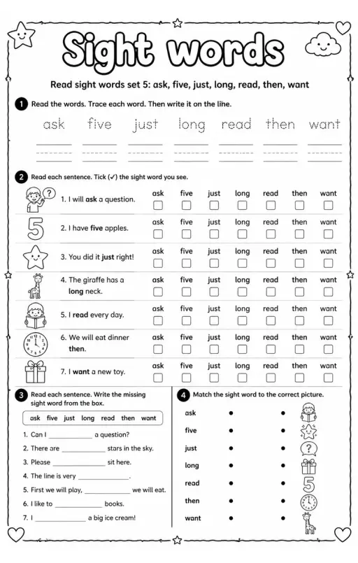 Read sight words set 5: ask, five, just, long, read, then, want