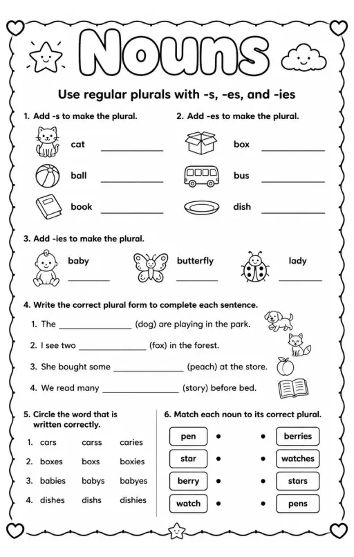 Use regular plurals with -s, -es, and -ies