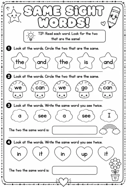 Choose the two sight words that are the same