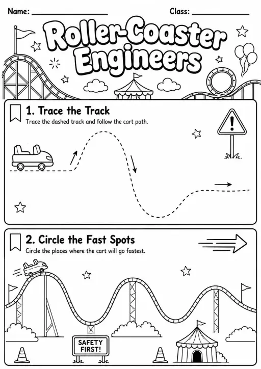 Roller Coasters Forces Worksheet Pack