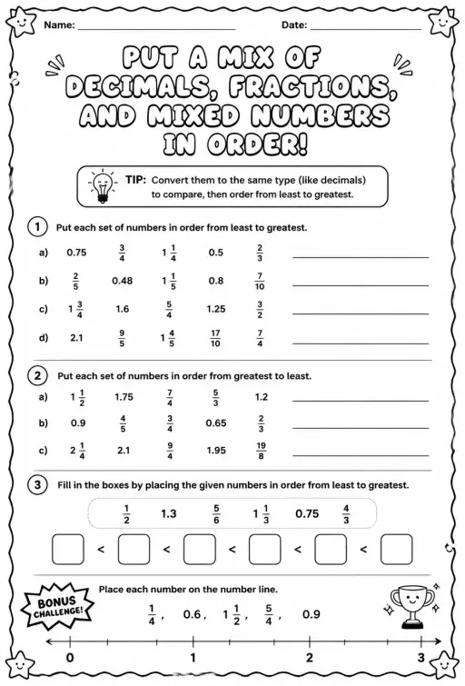 Put a mix of decimals, fractions, and mixed numbers in order