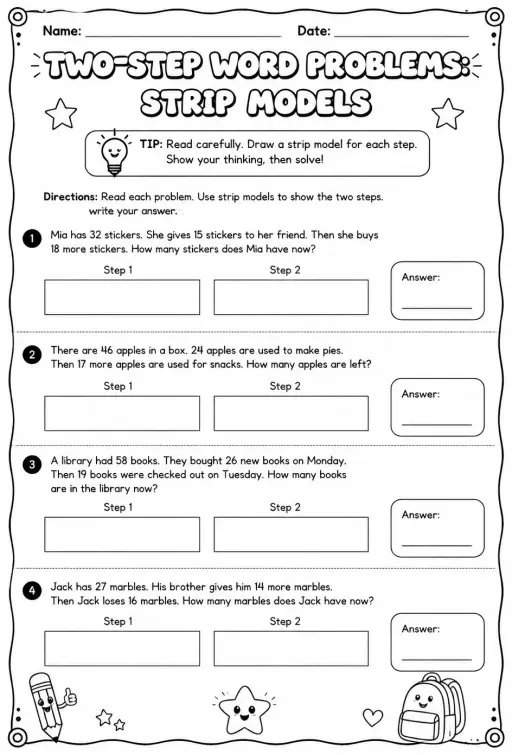 Two-step word problems: represent and solve using strip models