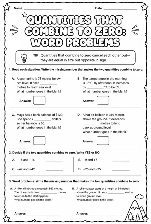 Quantities that combine to zero: word problems