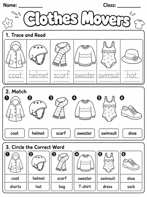 Clothes Movers Vocabulary Worksheet Pack