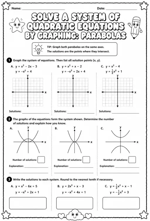 Solve a system of quadratic equations by graphing: parabolas