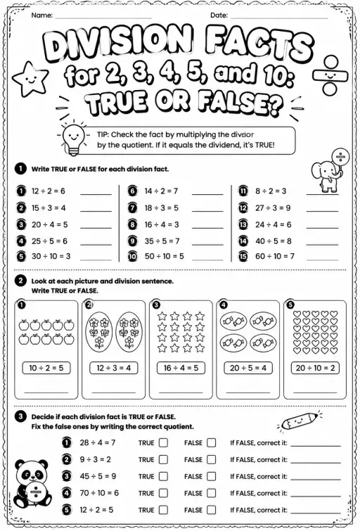 Division facts for 2, 3, 4, 5, and 10: true or false?