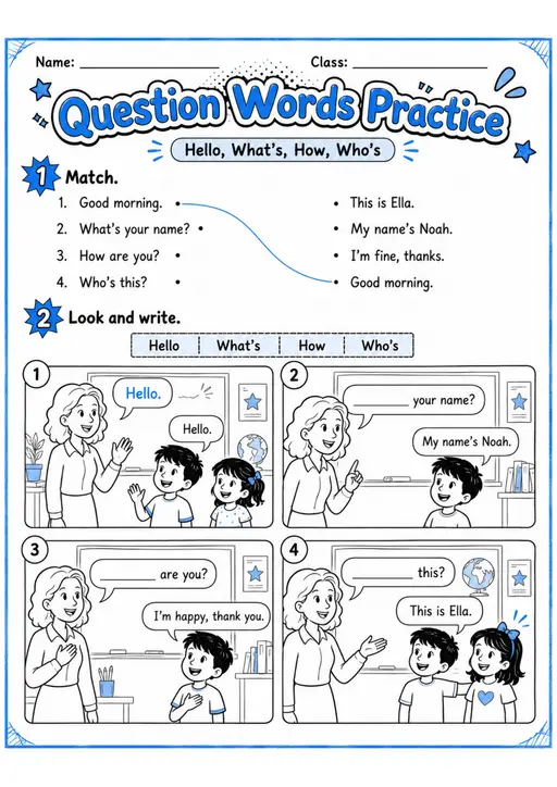 Question Words Matching Practice | Grade 1 Grammar Printable Worksheet
