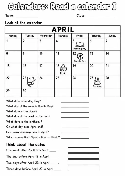 Grade 2 Calendars Math Worksheet Pack