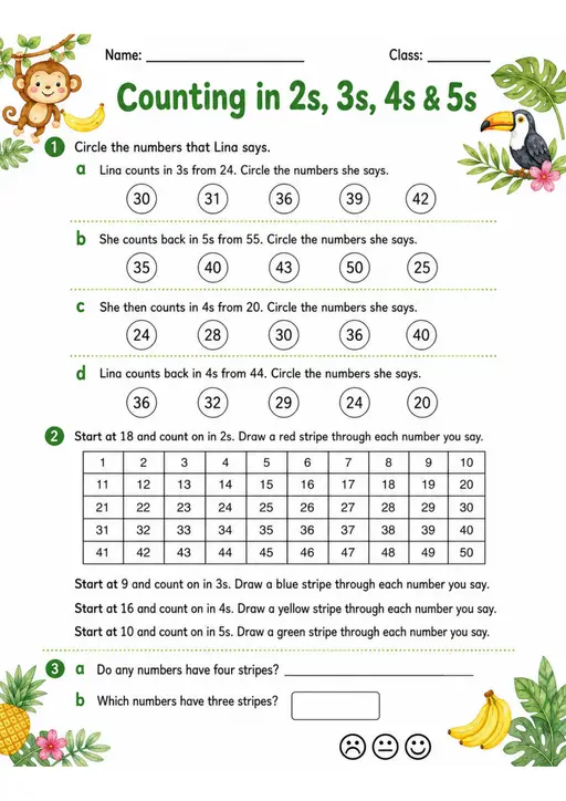 Counting in 2s, 3s, 4s & 5s - Grade 3 Math Worksheet - grade 3 Diagrams, models, and drawing tasks