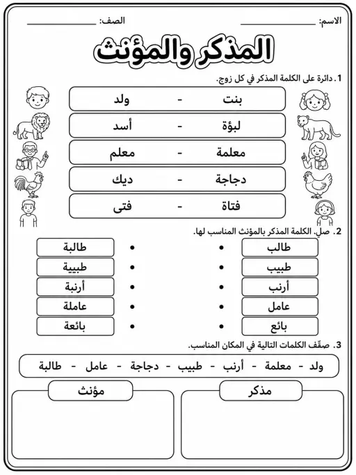 المذكر والمؤنث - حزمة أوراق عمل اللغة العربية