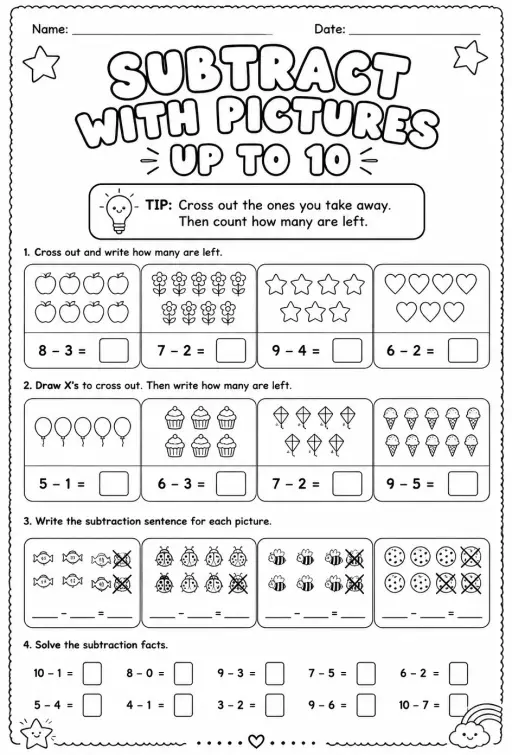 Subtract with pictures - up to 10