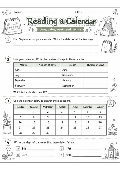 Reading a Calendar - Grade 3 Math Worksheet - grade 3 Reading, explanation, and short-response questions