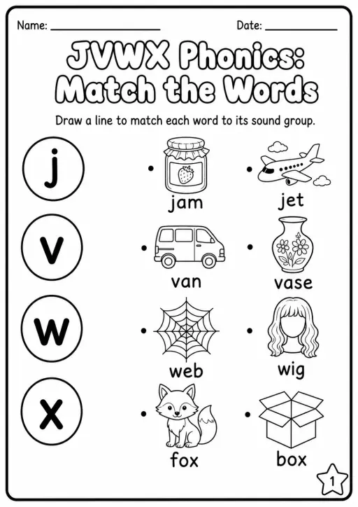 Beginning Sounds Phonics Match the Words - J V W X Worksheet Pack