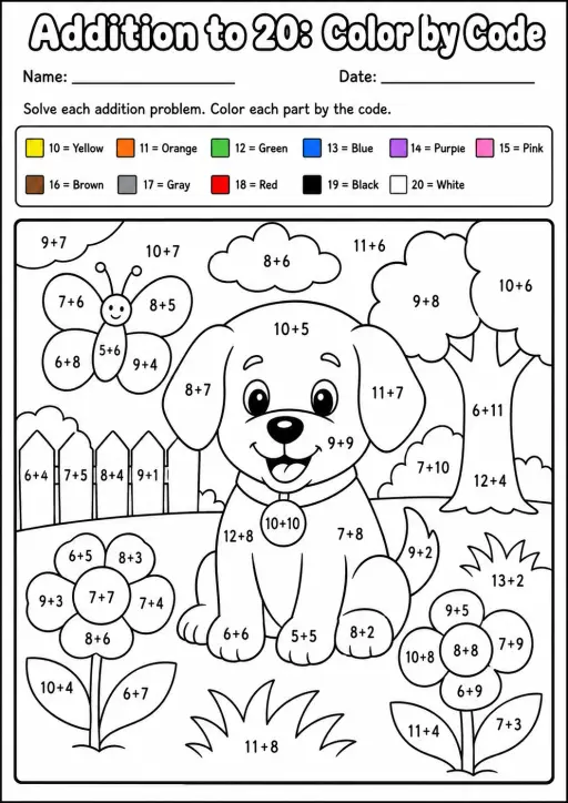 Addition Color by Code To 20 Worksheet Pack