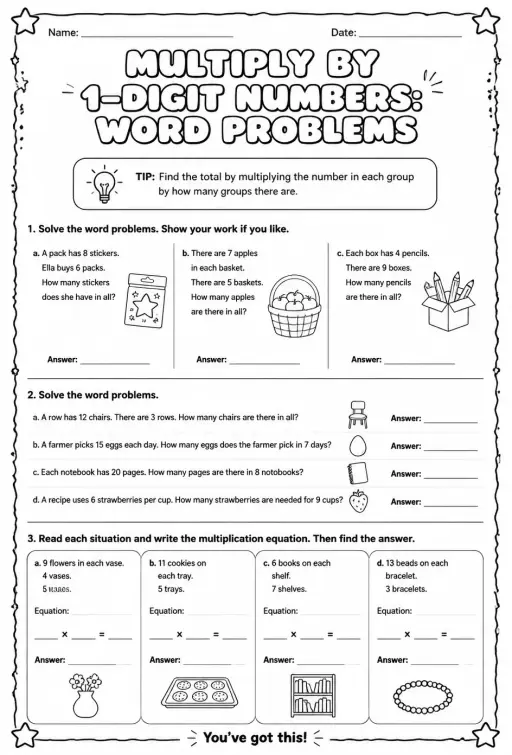 Multiply by 1-digit numbers: word problems