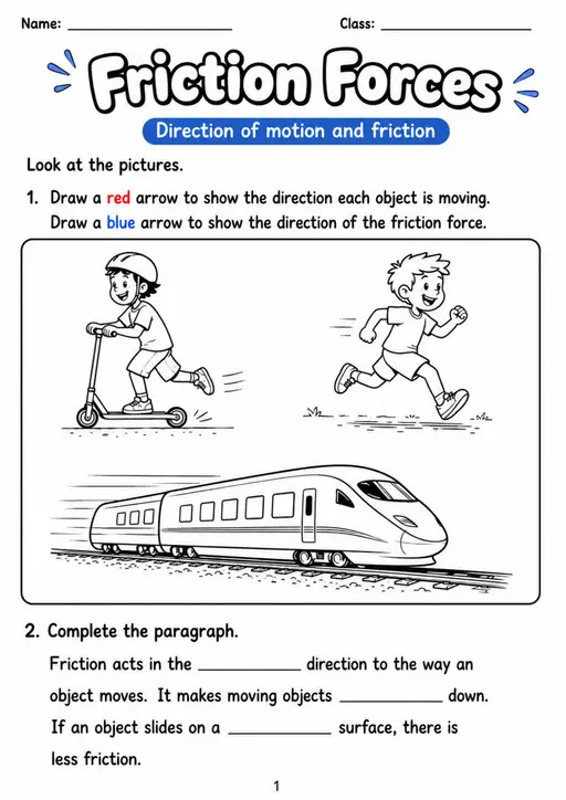 Friction Forces - Grade 3 Science Worksheet