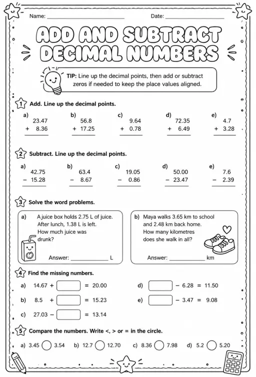 Add and subtract decimal numbers