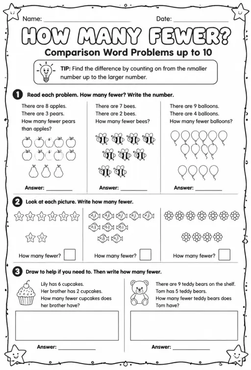 Comparison word problems up to 10: how many fewer?