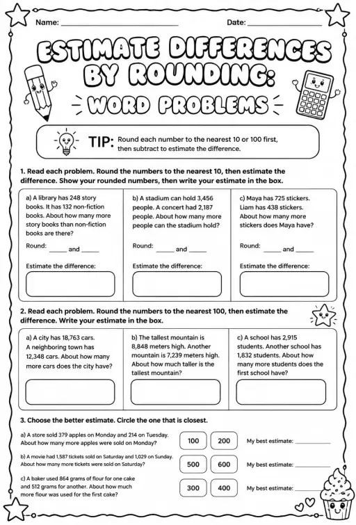 Estimate differences by rounding: word problems