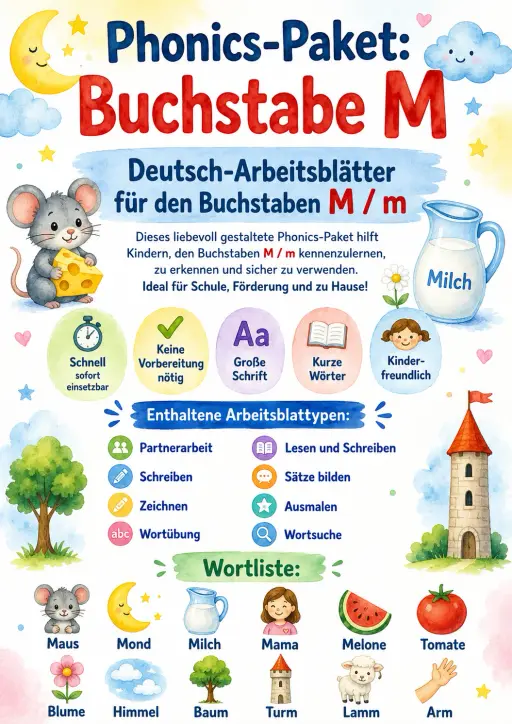 German Letter M Phonics Worksheets Pack