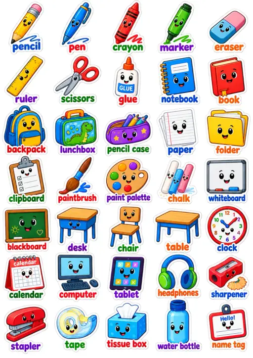 School Supplies And Classroom Items English Vocabulary Stickers