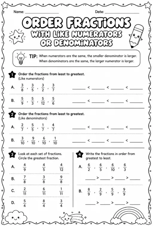 Order fractions with like numerators or denominators