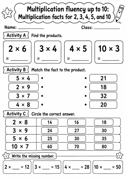 Grade 3 Multiplication Fluency Up To 10 Math Worksheet Pack