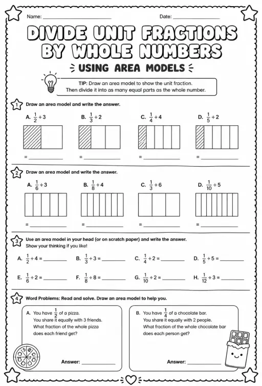 Divide unit fractions by whole numbers using area models