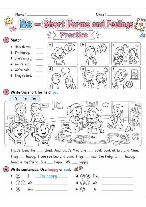 Be — Short Forms And Feelings | Grades 2-3 Grammar Worksheet