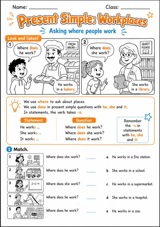 Present Simple: Workplaces | Grades 2-3 Grammar Worksheet