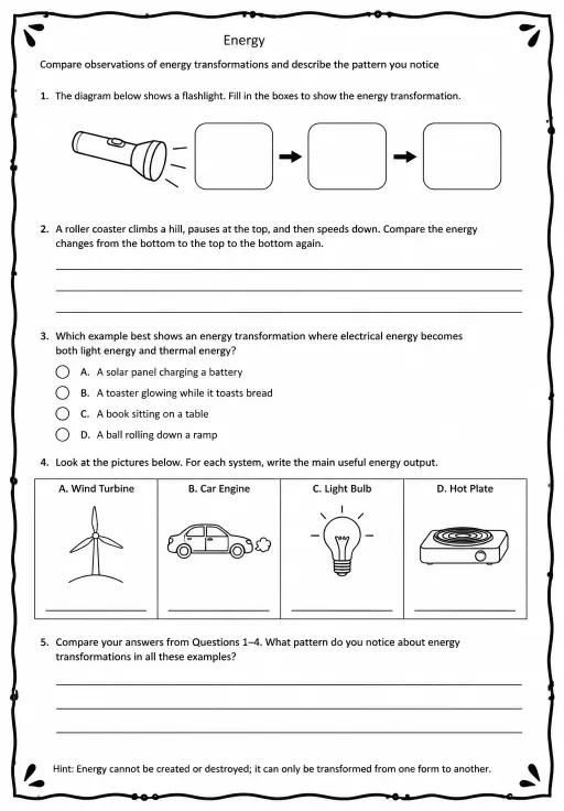 Compare observations of energy transformations and describe the pattern you notice