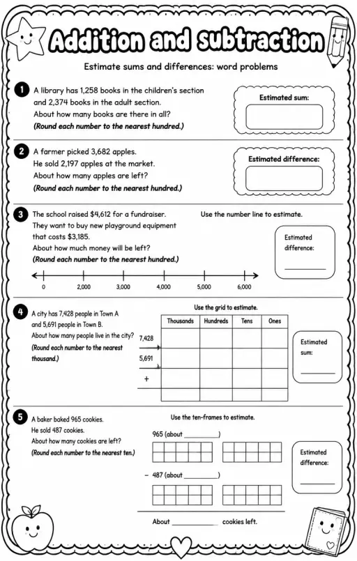 Estimate sums and differences: word problems