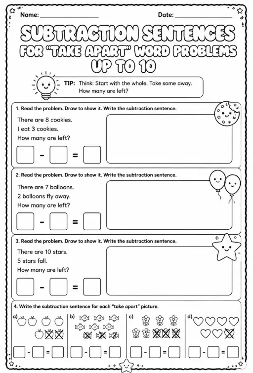 Subtraction sentences for "take apart" word problems - up to 10