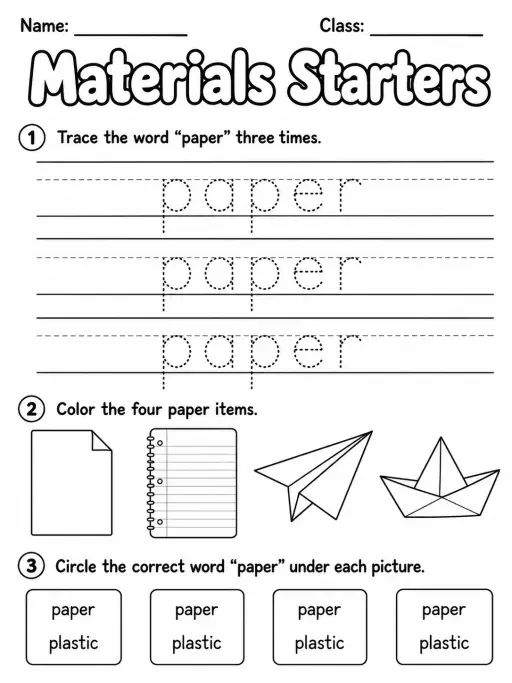 Materials Starters Vocabulary Worksheet Pack