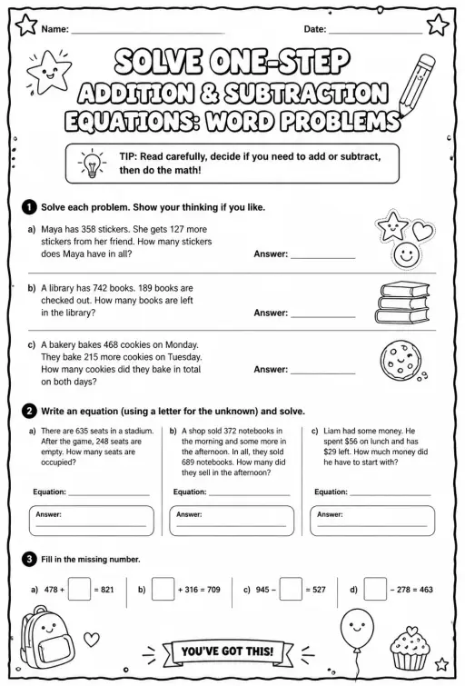 Solve one-step addition and subtraction equations: word problems