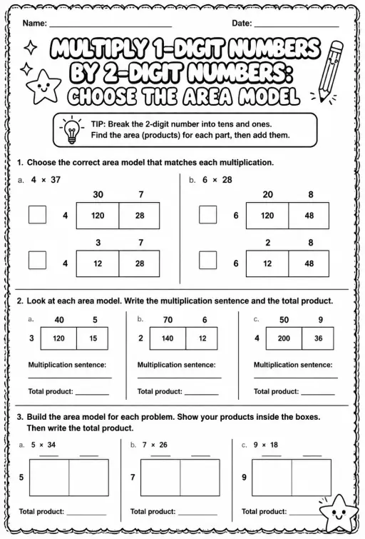 Multiply 1-digit numbers by 2-digit numbers: choose the area model
