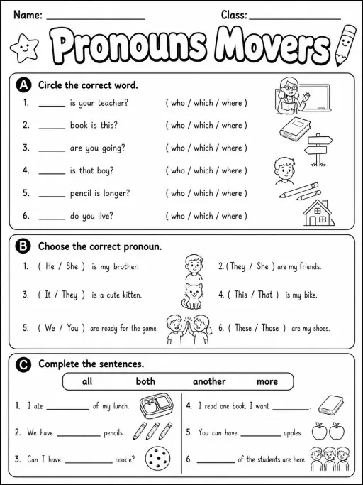 Pronouns Movers Vocabulary Worksheet Pack