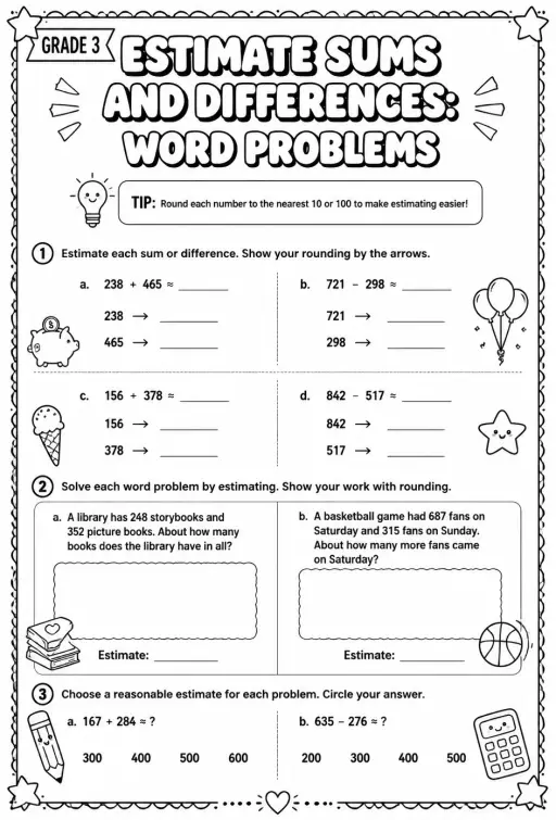 Estimate sums and differences: word problems