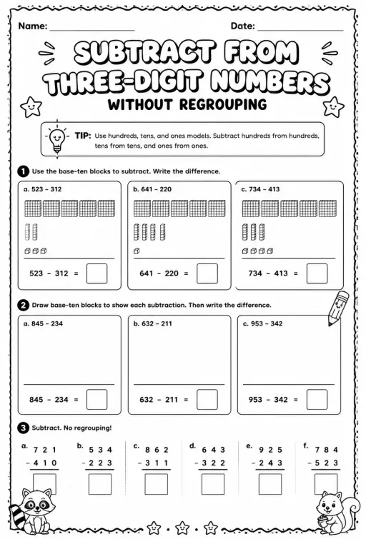 Use models to subtract from three-digit numbers - without regrouping