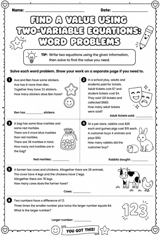 Find a value using two-variable equations: word problems